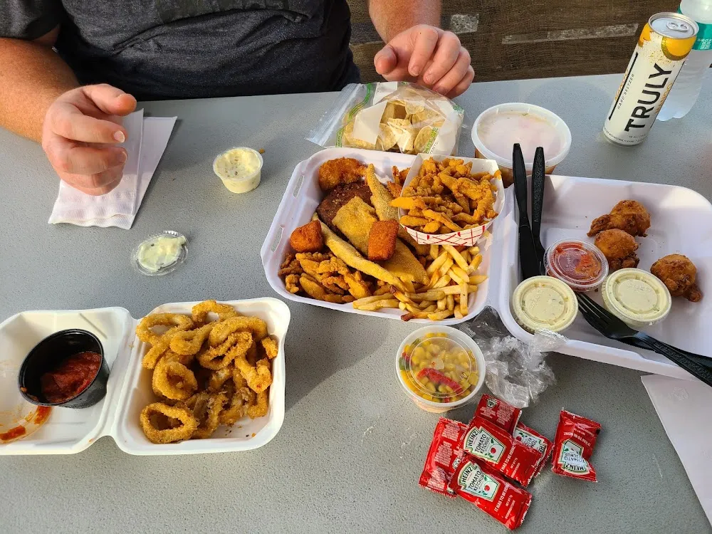 Fried Clam Strips Corn Fritters Fried Seafood Platter and Calamari